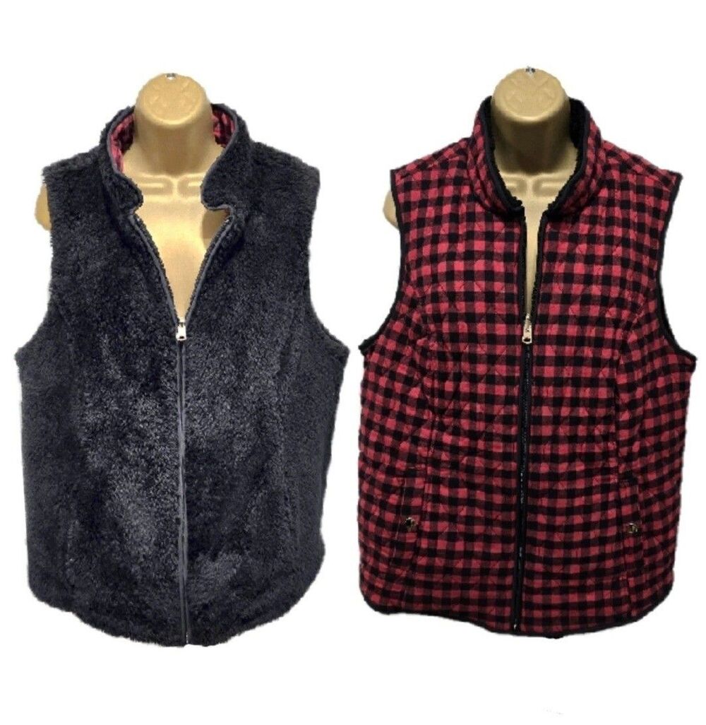 Buffalo Check Reversible Vest Womens Large Fuzzy Cabin Black Red Classic Winter